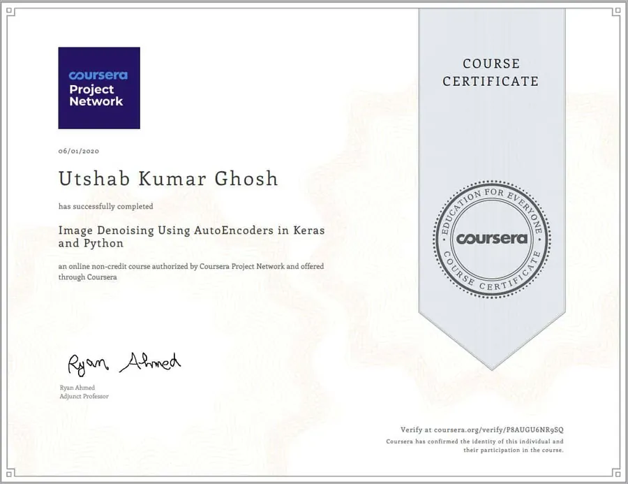 Image Denoising Using AutoEncoders certificate