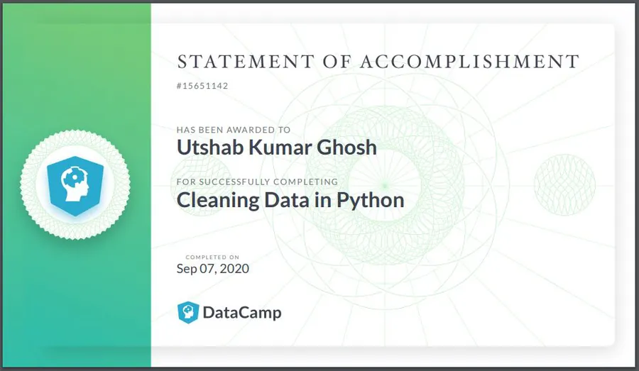 Cleaning Data in Python certificate