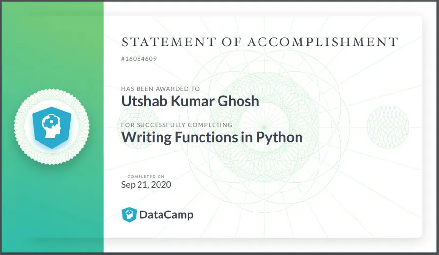 Writing Functions in Python certificate
