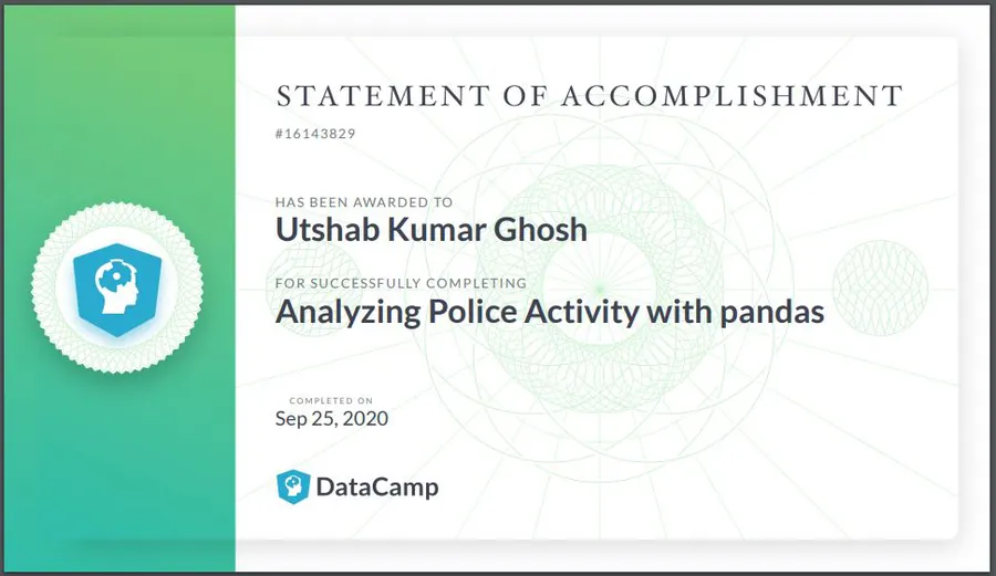 Analyzing Police Activity with pandas certificate