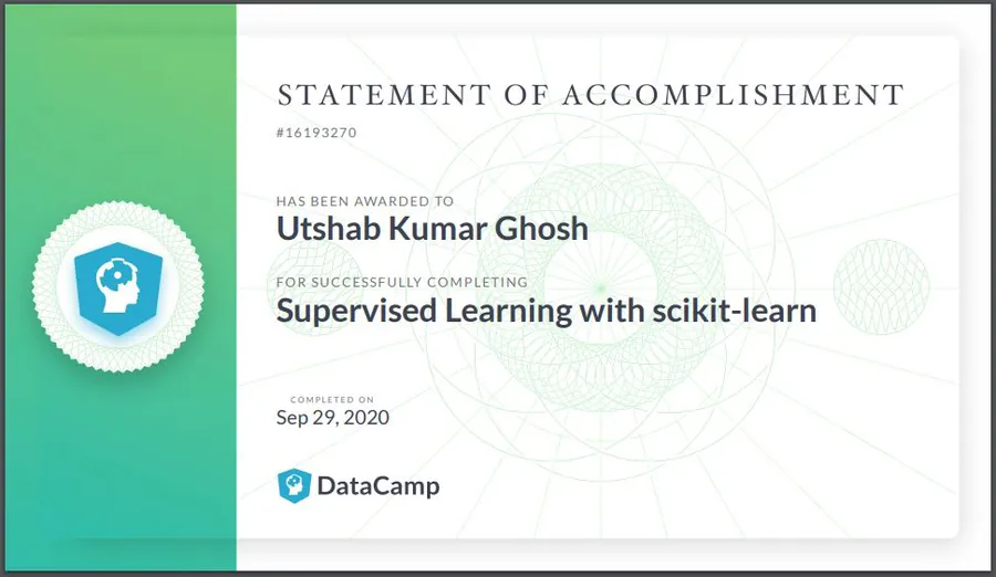 Supervised Learning with scikit-learn certificate