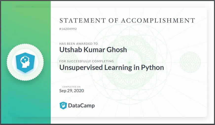 Unsupervised Learning in Python certificate