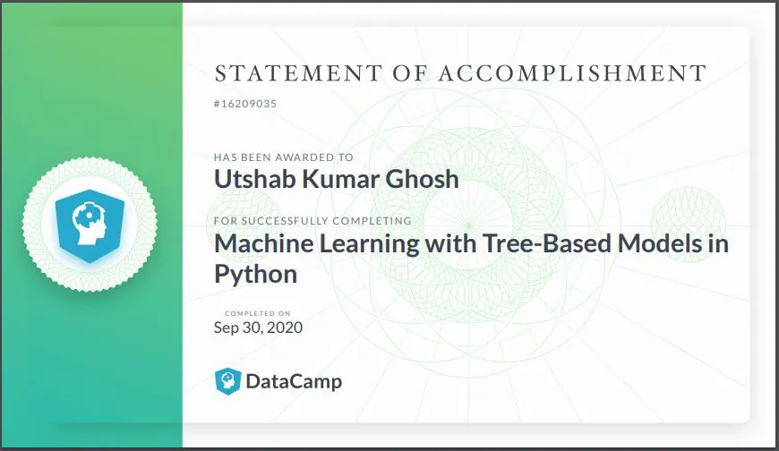 Machine Learning with Tree-Based Models in Python certificate