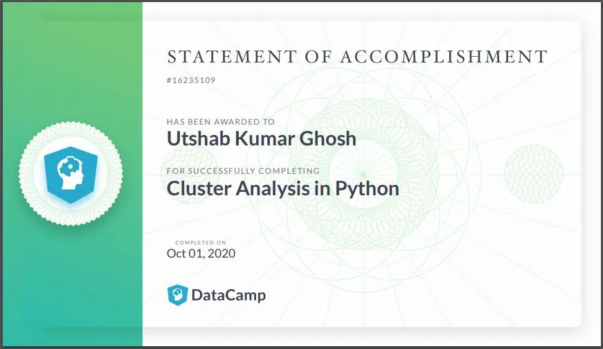 Cluster Analysis in Python certificate