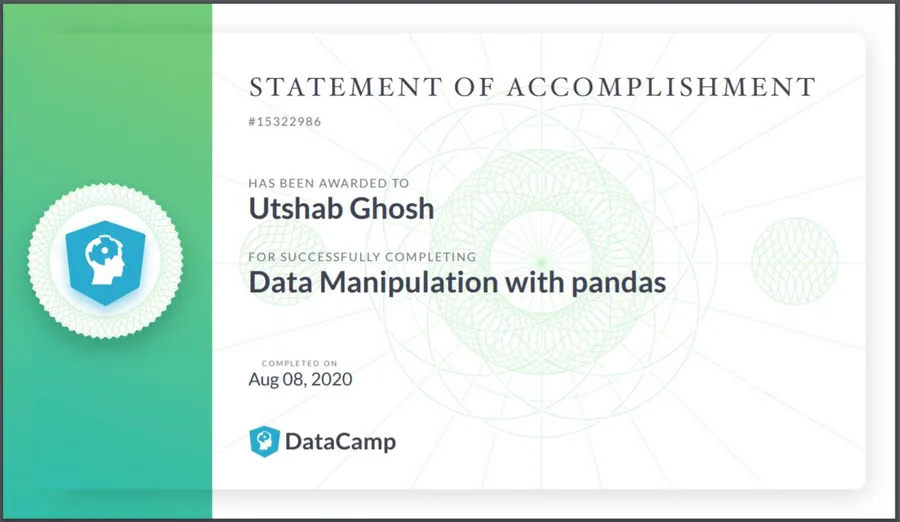 Data Manipulation with pandas certificate