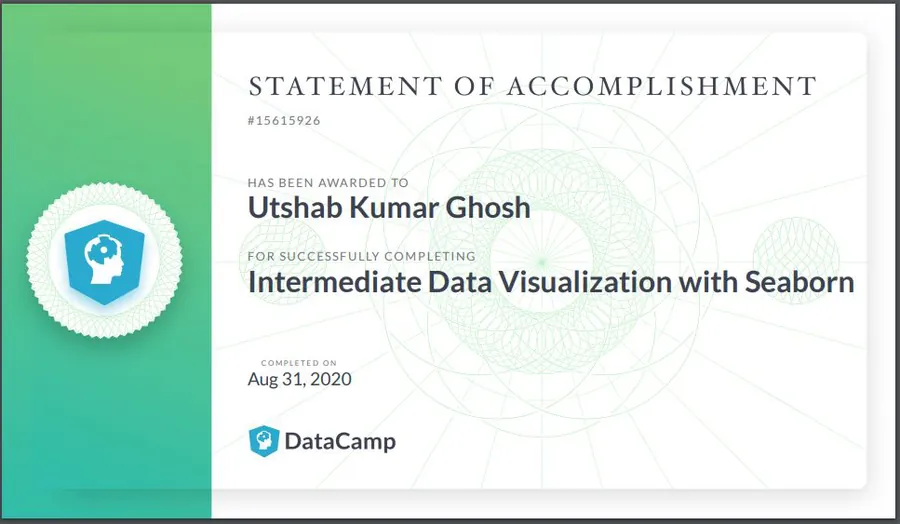 Intermediate Data Visualization with Seaborn certificate