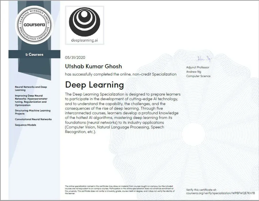 Deep Learning Specialization certificate