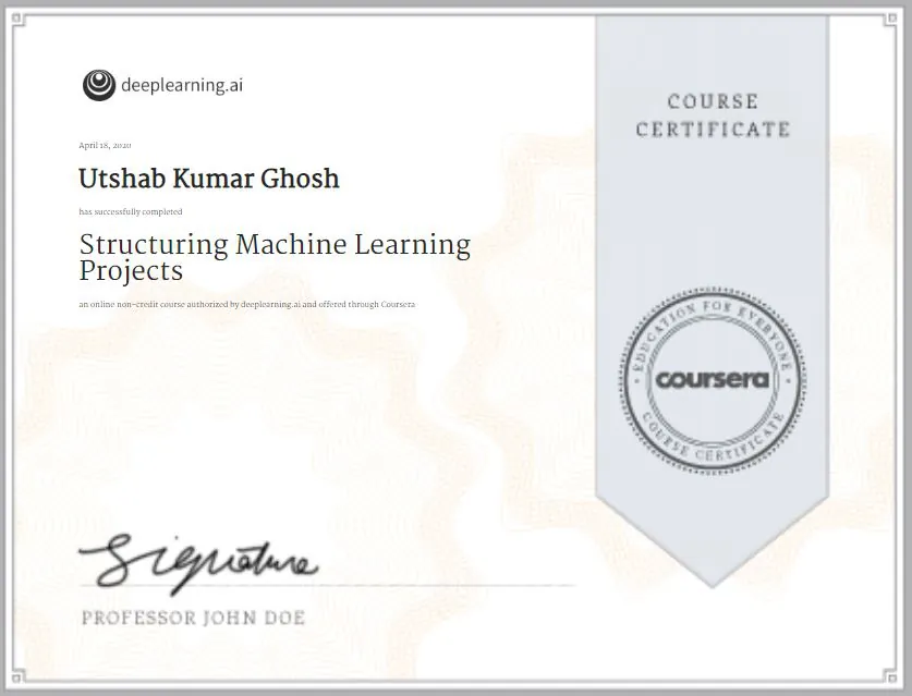 Structuring Machine Learning Projects certificate