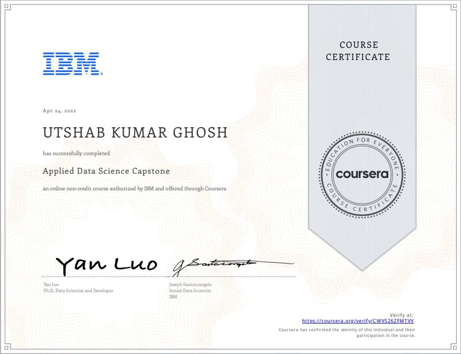 Applied Data Science Capstone certificate