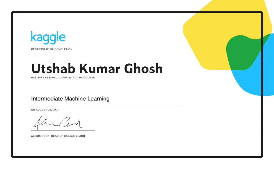 Intermediate Machine Learning — Kaggle certificate