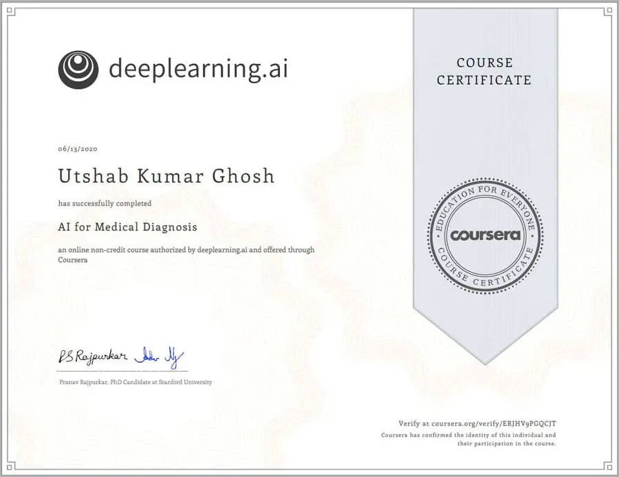 AI for Medical Diagnosis certificate